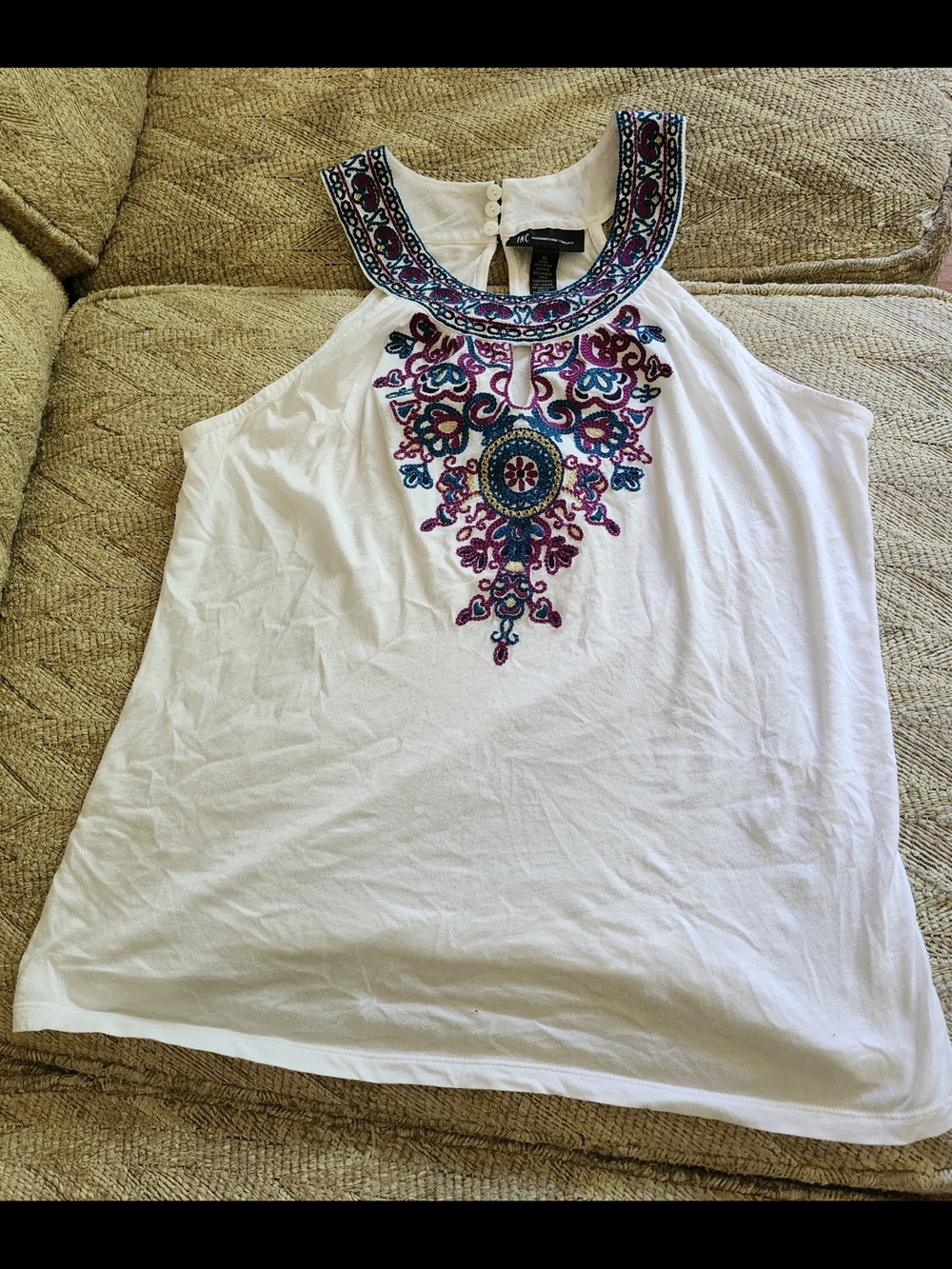 INC International Concepts White Halter Tank with Blue and Purple Embroidery